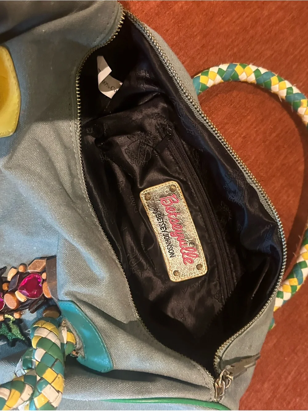 Super Rare Betsey Johnson Sage Green Tote with Yellow Trim and Teal Accents